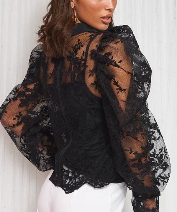 The Best Lace Crochet Womens Tops and Blouses Elegant Sheer Mesh Long Puff Sleeve OL Shirt Ladies See Through Transparent blusa feminina Online - Source Silk