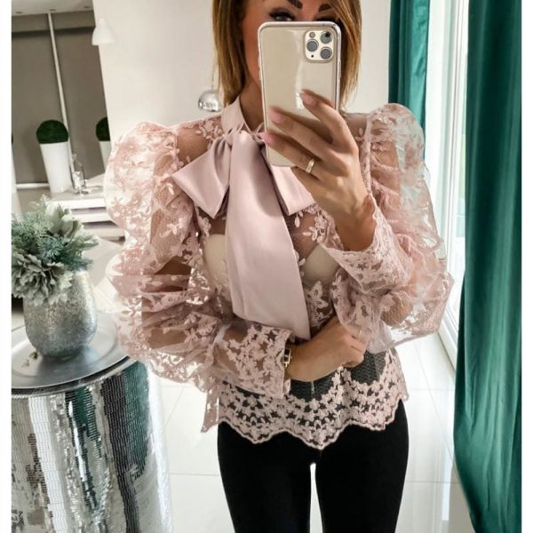 The Best Lace Crochet Womens Tops and Blouses Elegant Sheer Mesh Long Puff Sleeve OL Shirt Ladies See Through Transparent blusa feminina Online - Source Silk