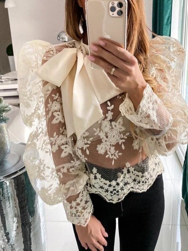 The Best Lace Crochet Womens Tops and Blouses Elegant Sheer Mesh Long Puff Sleeve OL Shirt Ladies See Through Transparent blusa feminina Online - Source Silk