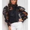 The Best Lace Crochet Womens Tops and Blouses Elegant Sheer Mesh Long Puff Sleeve OL Shirt Ladies See Through Transparent blusa feminina Online - Source Silk