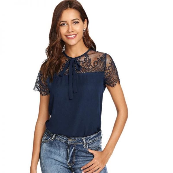 The Best Lace Shoulder Contrast Mesh Top Blouse Online - Takalr