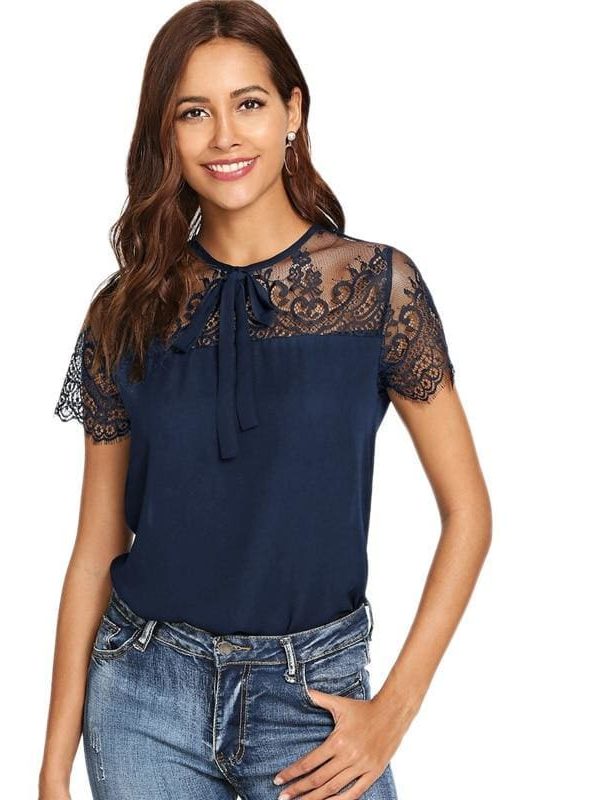 The Best Lace Shoulder Contrast Mesh Top Blouse Online - Takalr