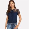 The Best Lace Shoulder Contrast Mesh Top Blouse Online - Takalr