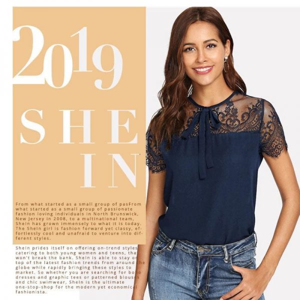 The Best Lace Shoulder Contrast Mesh Top Blouse Online - Takalr