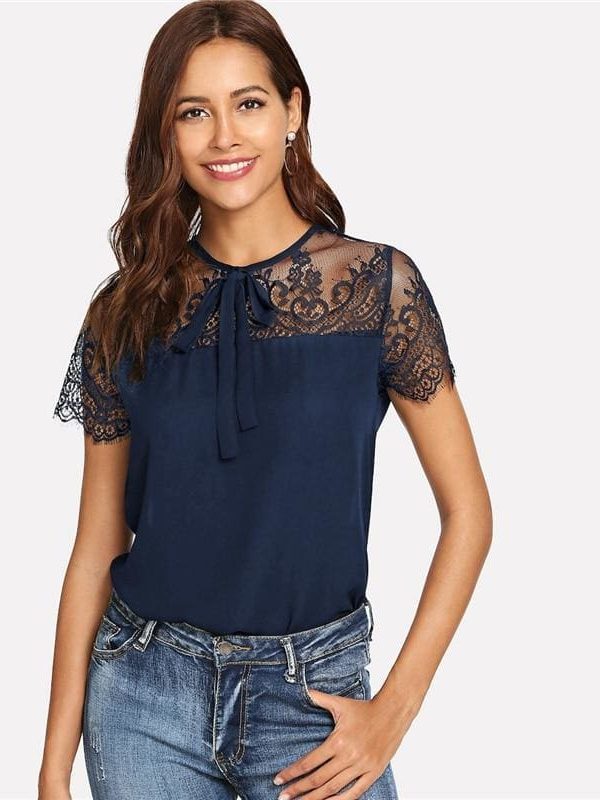 The Best Lace Shoulder Contrast Mesh Top Blouse Online - Takalr