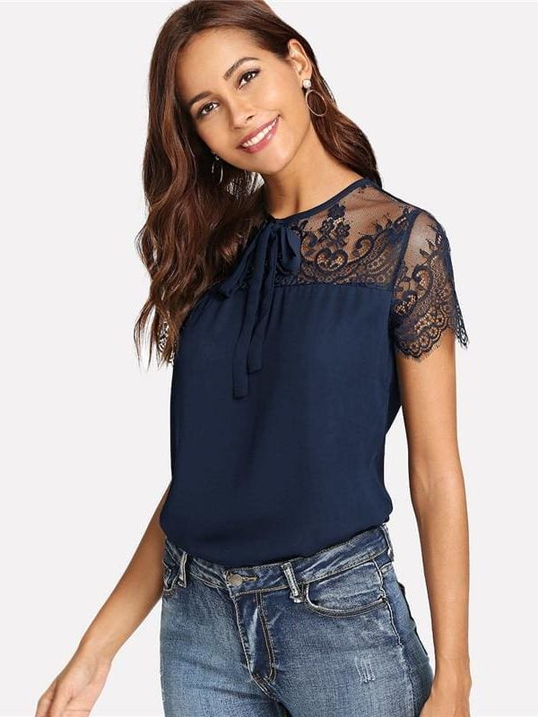 The Best Lace Shoulder Contrast Mesh Top Blouse Online - Takalr