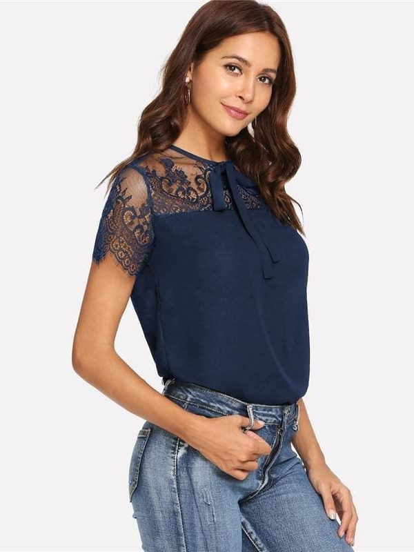 The Best Lace Shoulder Contrast Mesh Top Blouse Online - Takalr