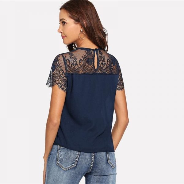 The Best Lace Shoulder Contrast Mesh Top Blouse Online - Takalr