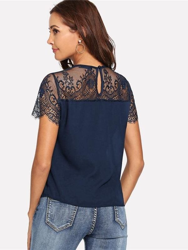 The Best Lace Shoulder Contrast Mesh Top Blouse Online - Takalr