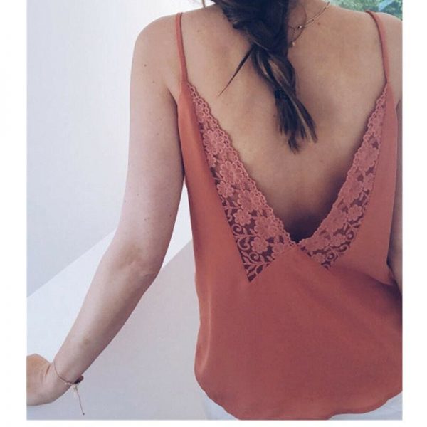 The Best Lace Top Sleeveless V Neck Tank Loose Vest Open Back Tee Ladies Backless Daily Basic Shirt Online - Source Silk