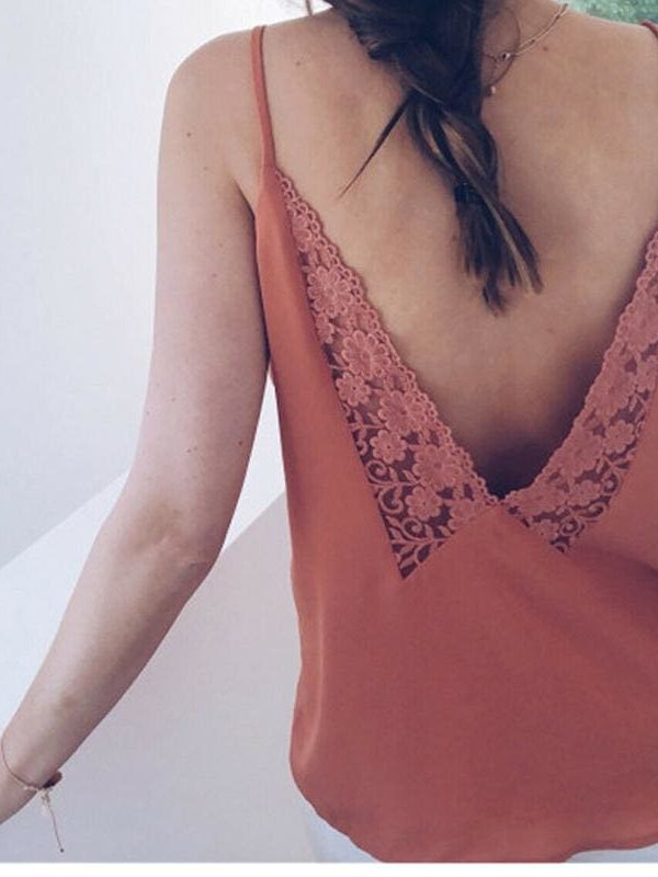 The Best Lace Top Sleeveless V Neck Tank Loose Vest Open Back Tee Ladies Backless Daily Basic Shirt Online - Source Silk