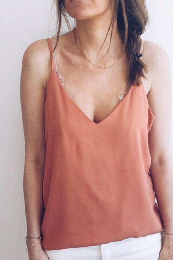 The Best Lace Top Sleeveless V Neck Tank Loose Vest Open Back Tee Ladies Backless Daily Basic Shirt Online - Source Silk