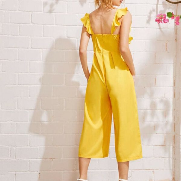 The Best Ladies Baggy Solid Ruffle Women Summer Square Neck Overall Fashion New Loose Causal Wide Leg Pants Jumpsuit Online - Source Silk