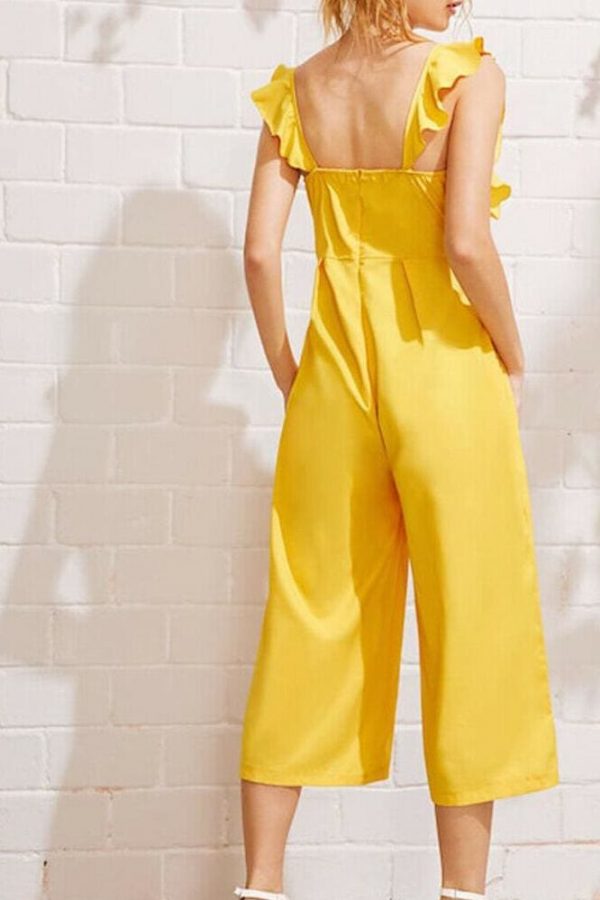 The Best Ladies Baggy Solid Ruffle Women Summer Square Neck Overall Fashion New Loose Causal Wide Leg Pants Jumpsuit Online - Source Silk