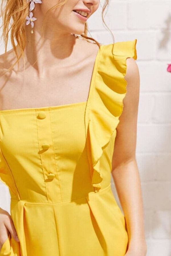 The Best Ladies Baggy Solid Ruffle Women Summer Square Neck Overall Fashion New Loose Causal Wide Leg Pants Jumpsuit Online - Source Silk