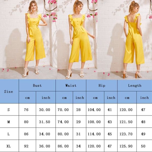 The Best Ladies Baggy Solid Ruffle Women Summer Square Neck Overall Fashion New Loose Causal Wide Leg Pants Jumpsuit Online - Source Silk