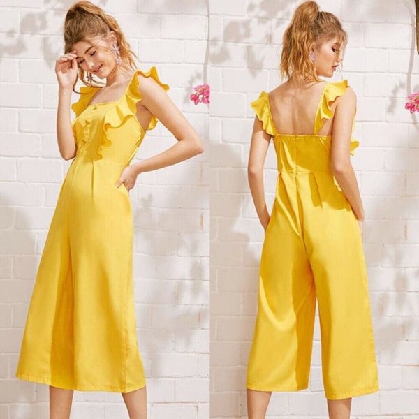 The Best Ladies Baggy Solid Ruffle Women Summer Square Neck Overall Fashion New Loose Causal Wide Leg Pants Jumpsuit Online - Source Silk