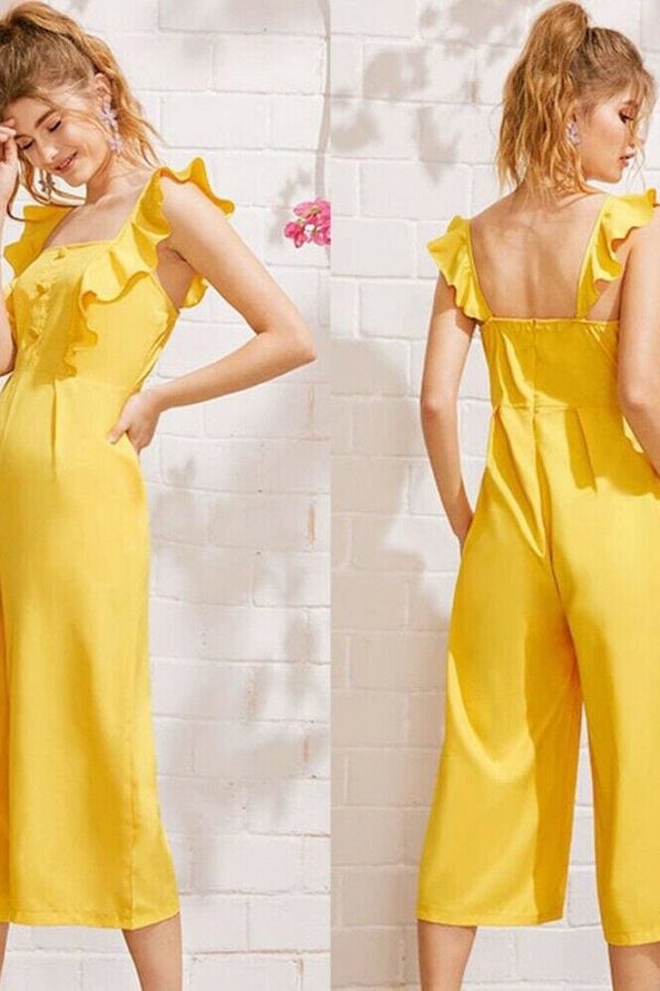 The Best Ladies Baggy Solid Ruffle Women Summer Square Neck Overall Fashion New Loose Causal Wide Leg Pants Jumpsuit Online - Source Silk