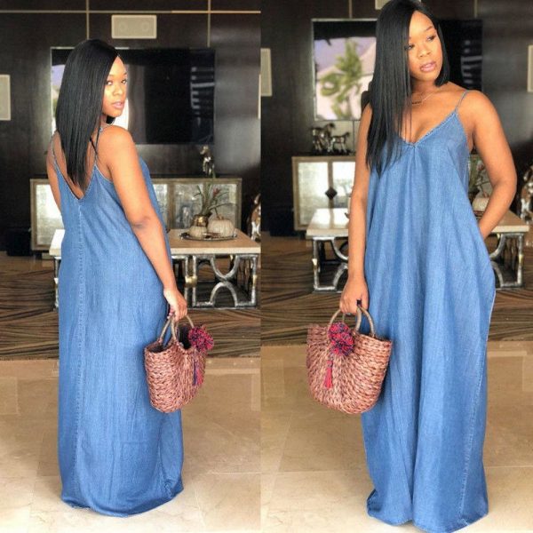 The Best Ladies Boho Backless Summer Long Denim Maxi Dress Online - Takalr