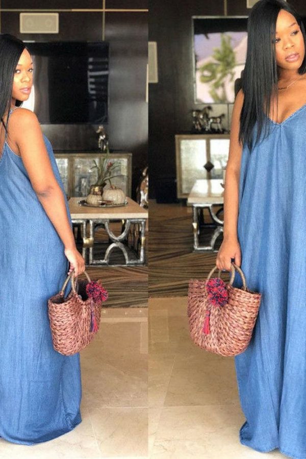 The Best Ladies Boho Backless Summer Long Denim Maxi Dress Online - Takalr