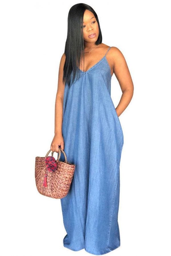 The Best Ladies Boho Backless Summer Long Denim Maxi Dress Online - Takalr