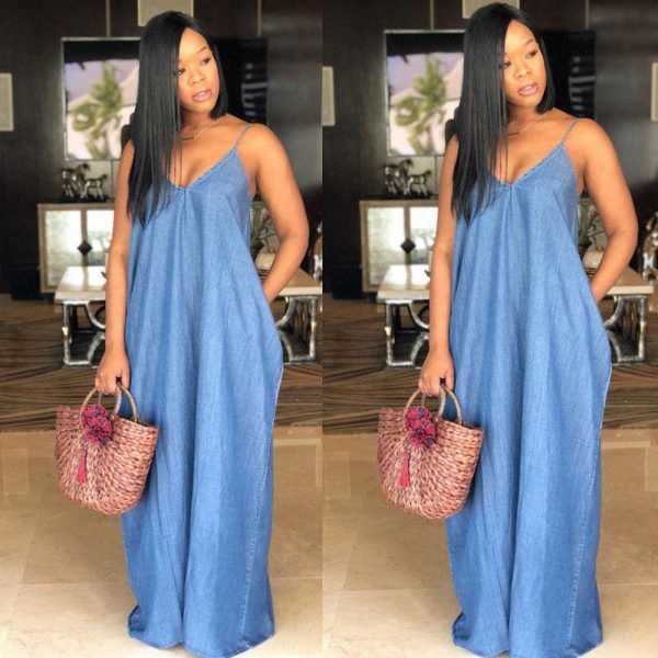 The Best Ladies Boho Backless Summer Long Denim Maxi Dress Online - Takalr