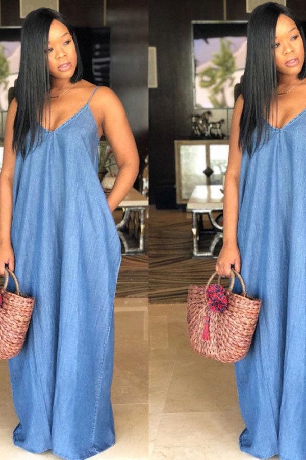 The Best Ladies Boho Backless Summer Long Denim Maxi Dress Online - Takalr