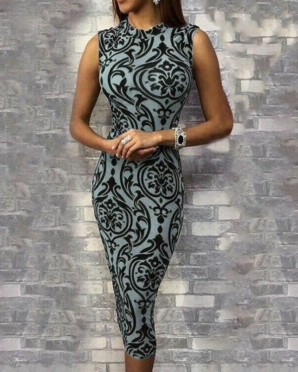 The Best Ladies Dress Casual Sleeveless O Neck Evening Party Dress Midi Dress Women Sexy Bodycon Print Dresses Online - Source Silk