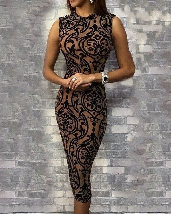 The Best Ladies Dress Casual Sleeveless O Neck Evening Party Dress Midi Dress Women Sexy Bodycon Print Dresses Online - Source Silk