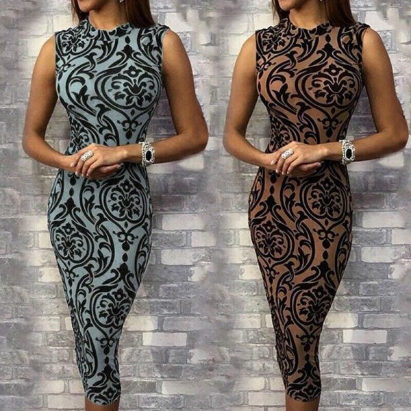 The Best Ladies Dress Casual Sleeveless O Neck Evening Party Dress Midi Dress Women Sexy Bodycon Print Dresses Online - Source Silk