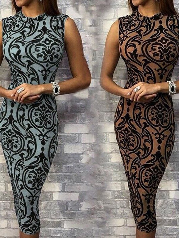 The Best Ladies Dress Casual Sleeveless O Neck Evening Party Dress Midi Dress Women Sexy Bodycon Print Dresses Online - Source Silk