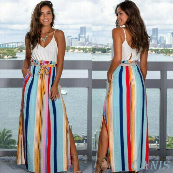 The Best Ladies Fashion Bohemian Skirt Women Long Maxi Full Skirt Indie Folk National Colorful Loose Split High Waist Summer Buttoms Online - Source Silk