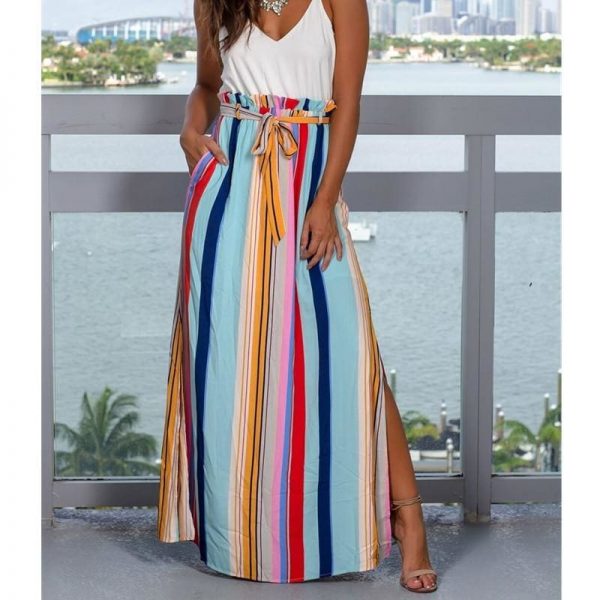 The Best Ladies Fashion Bohemian Skirt Women Long Maxi Full Skirt Indie Folk National Colorful Loose Split High Waist Summer Buttoms Online - Source Silk