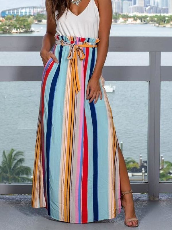 The Best Ladies Fashion Bohemian Skirt Women Long Maxi Full Skirt Indie Folk National Colorful Loose Split High Waist Summer Buttoms Online - Source Silk