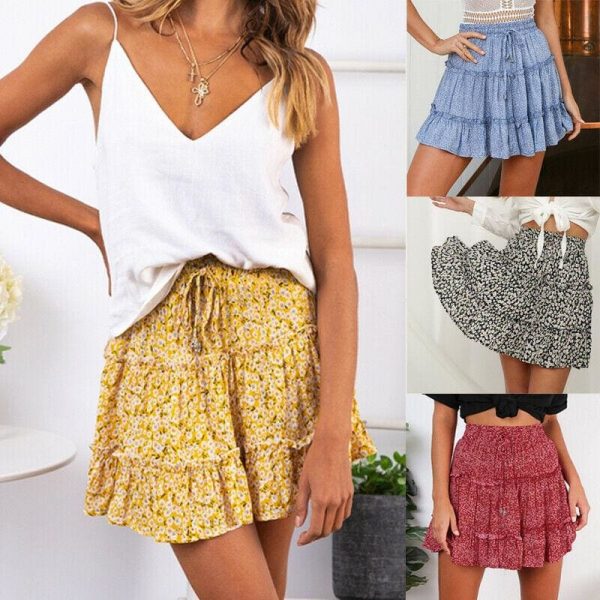 The Best Ladies Skirt Women Summer Boho High Waist Ruffle Floral Print Beach Short Mini Skirts Holiday Party Sundress Online - Source Silk
