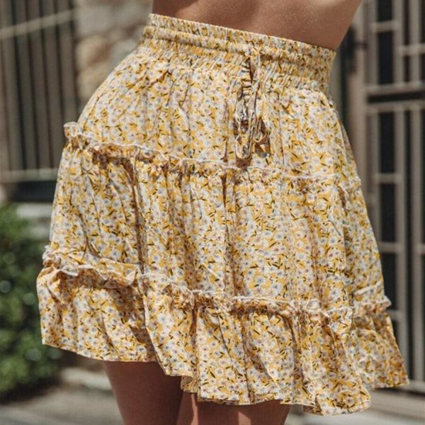 The Best Ladies Skirt Women Summer Boho High Waist Ruffle Floral Print Beach Short Mini Skirts Holiday Party Sundress Online - Source Silk