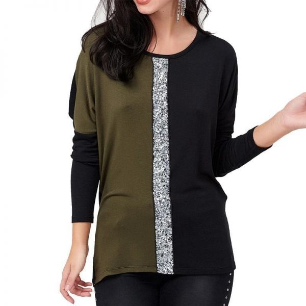 The Best Ladies Tops Off Shoulder Long Sleeve Shirt Sequin Patchwork Tunic Online - Takalr