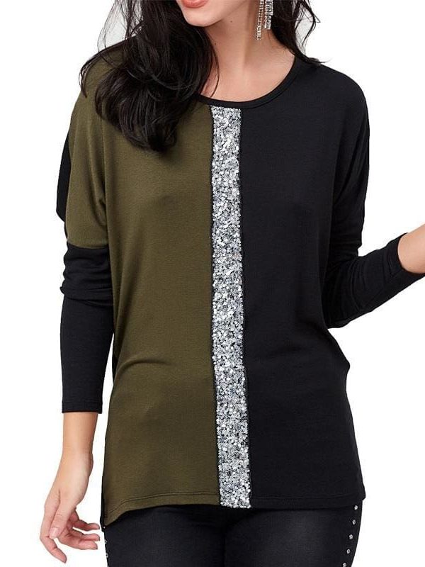 The Best Ladies Tops Off Shoulder Long Sleeve Shirt Sequin Patchwork Tunic Online - Takalr