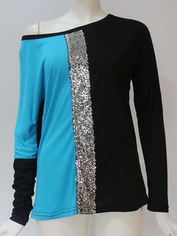 The Best Ladies Tops Off Shoulder Long Sleeve Shirt Sequin Patchwork Tunic Online - Takalr