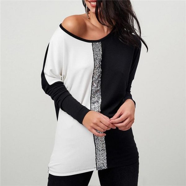 The Best Ladies Tops Off Shoulder Long Sleeve Shirt Sequin Patchwork Tunic Online - Takalr