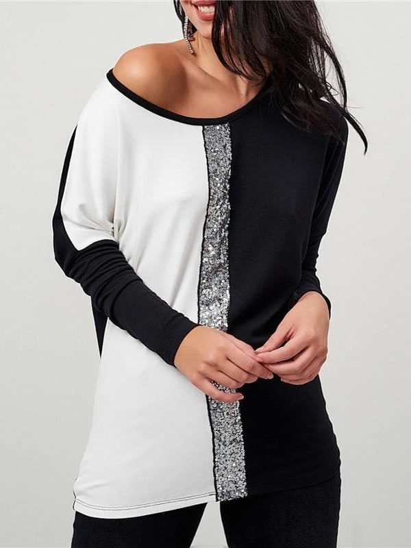 The Best Ladies Tops Off Shoulder Long Sleeve Shirt Sequin Patchwork Tunic Online - Takalr