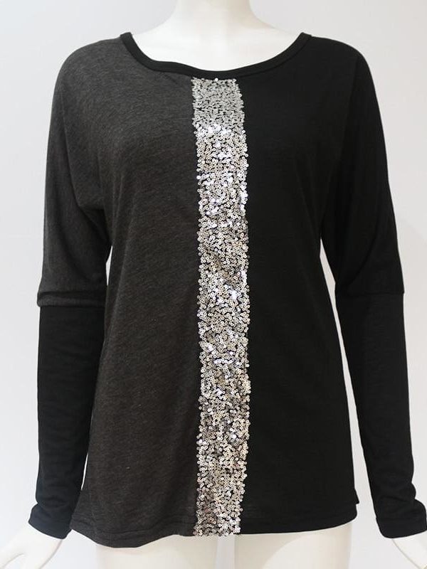 The Best Ladies Tops Off Shoulder Long Sleeve Shirt Sequin Patchwork Tunic Online - Takalr