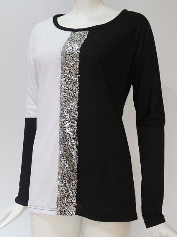 The Best Ladies Tops Off Shoulder Long Sleeve Shirt Sequin Patchwork Tunic Online - Takalr