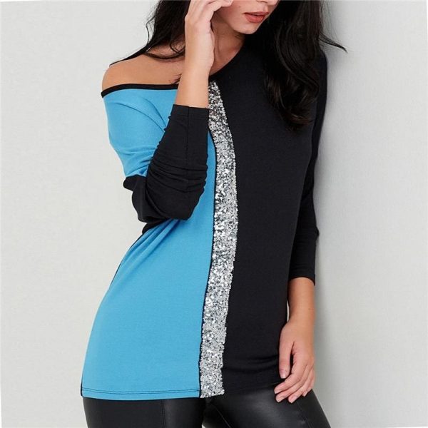 The Best Ladies Tops Off Shoulder Long Sleeve Shirt Sequin Patchwork Tunic Online - Takalr