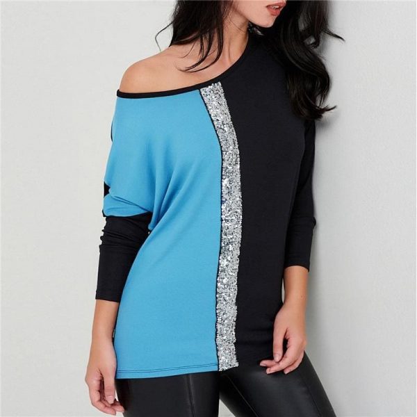 The Best Ladies Tops Off Shoulder Long Sleeve Shirt Sequin Patchwork Tunic Online - Takalr