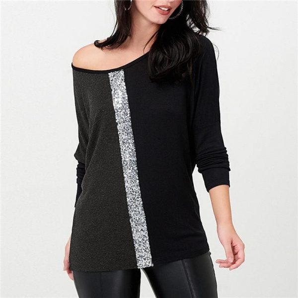 The Best Ladies Tops Off Shoulder Long Sleeve Shirt Sequin Patchwork Tunic Online - Takalr