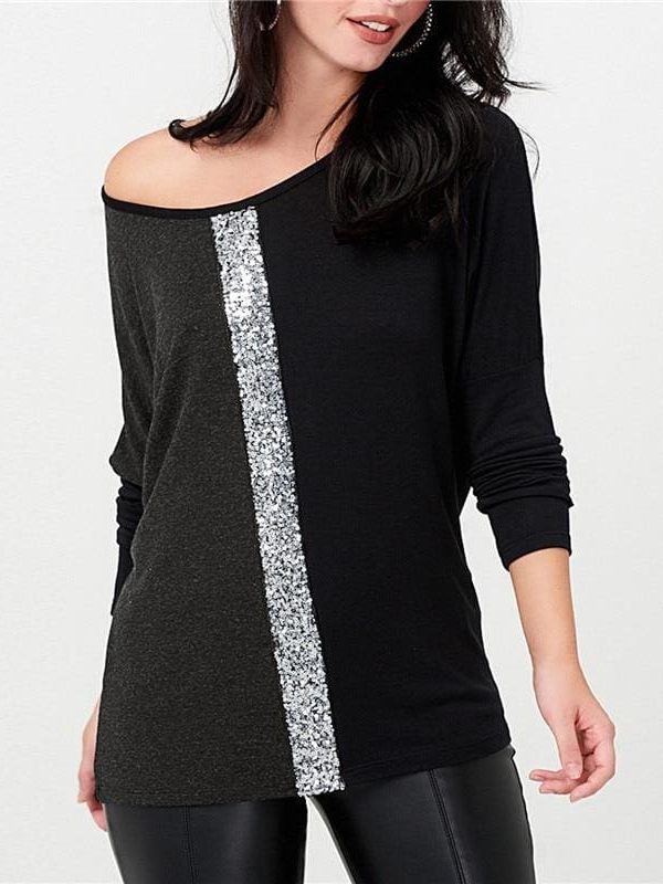 The Best Ladies Tops Off Shoulder Long Sleeve Shirt Sequin Patchwork Tunic Online - Takalr