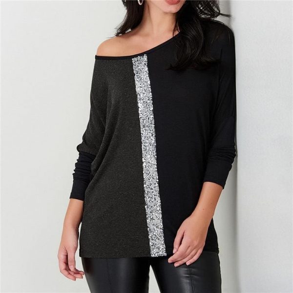 The Best Ladies Tops Off Shoulder Long Sleeve Shirt Sequin Patchwork Tunic Online - Takalr