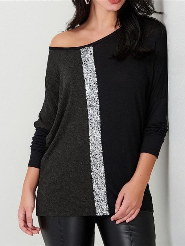 The Best Ladies Tops Off Shoulder Long Sleeve Shirt Sequin Patchwork Tunic Online - Takalr