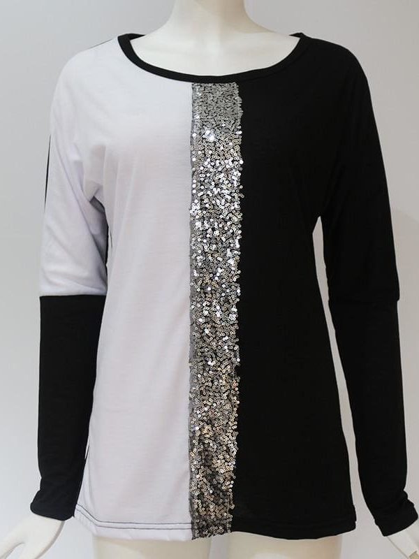 The Best Ladies Tops Off Shoulder Long Sleeve Shirt Sequin Patchwork Tunic Online - Takalr